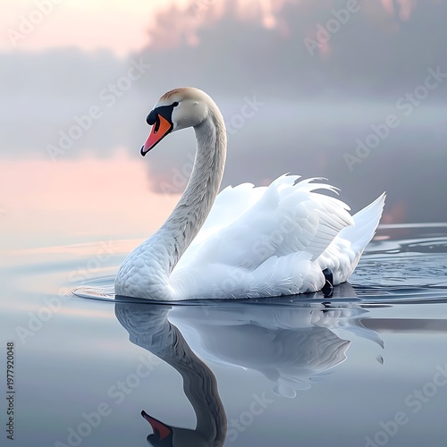 A solitary white bird with a long neck floats serenely on a calm body of water, reflecting in a smooth surface. Soft clouds in the background