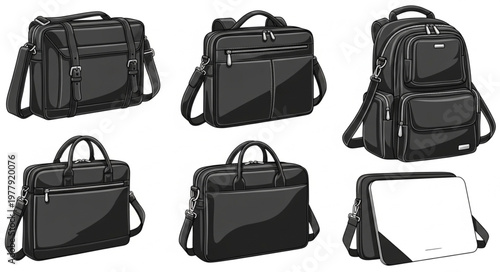 Collection of Black Business Bags - Briefcases, Messenger Bags, and Backpack.