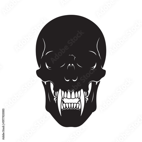 a symbol of a human skull with long teeth, black isolated silhouette
