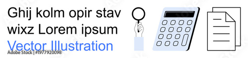 Business analysis, finance, research, document review, problem-solving, data investigation. ion of a magnifying glass, calculator and papers. Business analysis and finance concept