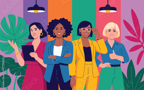 Four diverse professional women stand confidently in business attire with vibrant plant decorations