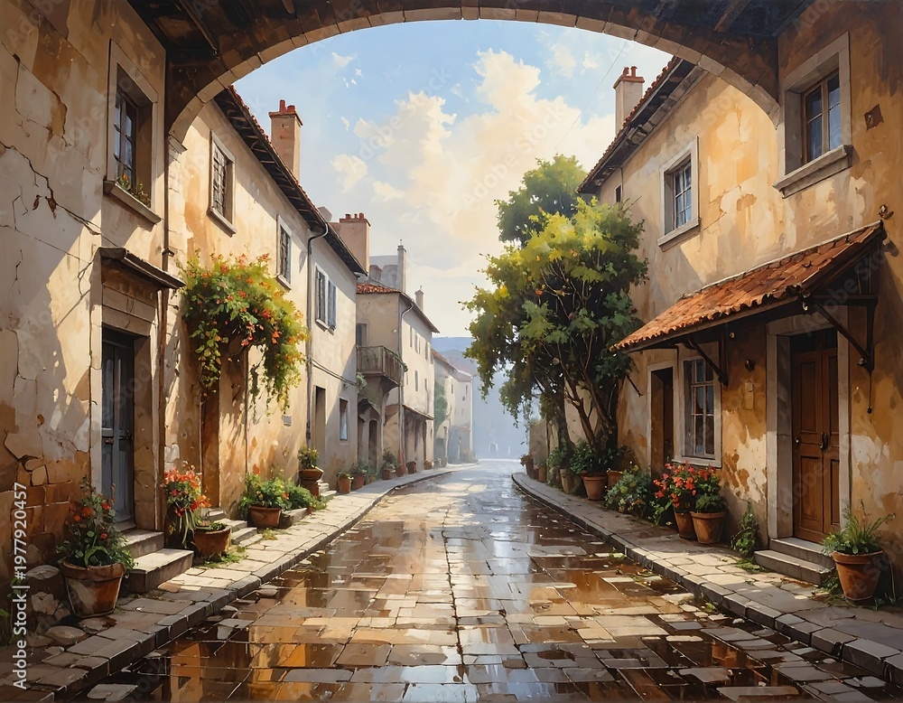 Fototapeta premium A serene, old European street scene with wet cobblestone road