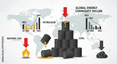 Global Energy Commodity Decline Illustrated with Bar Charts and Icons.