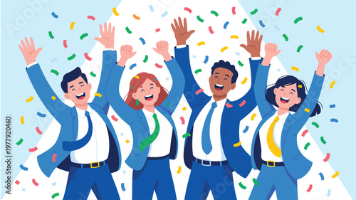 Four joyful business professionals cheer enthusiastically with arms raised as colorful confetti falls around them
