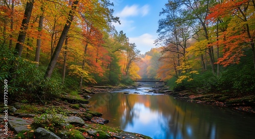 Autumn landscape featuring a flowing river surrounded by colorful trees under blue sky