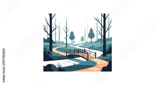 Minimalist Flat Vector Landscape Illustration of a Serene Park with a Wooden Bridge, Stream, and Winding Path