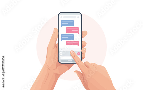 Hands holding a mobile phone showing a chat conversation interface