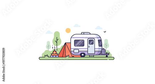 Flat Vector Illustration of a Modern Camping Trailer, Tent, and Campfire in a Forest. Minimalist Outdoor Adventure and Summer Vacation Concept on White Background.