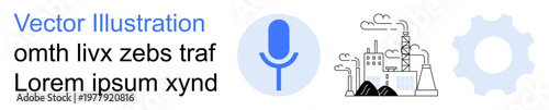 Voice recognition, industrial processes, mechanical engineering, technology systems, smart industry, AI integration. Blue microphone, industrial factories and gear symbol. Voice recognition