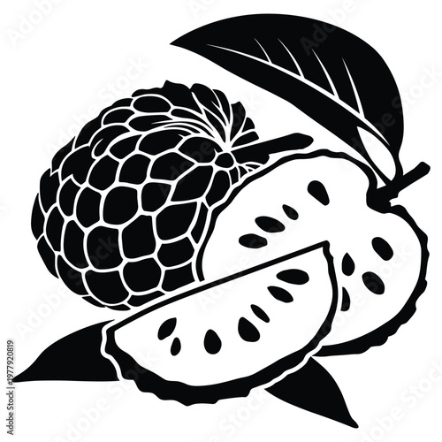 Annona fruit silhouette set with whole custard apple and cut slices.