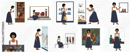 Flat Style Black Woman Shopping at Different Storefronts Illustration