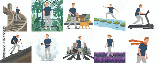 Flat Design Lifestyle Illustration of Man in Various Activity and Situation