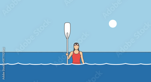 Minimalist Flat Illustration of a Woman in a Red Swimsuit Holding a Paddle in the Ocean