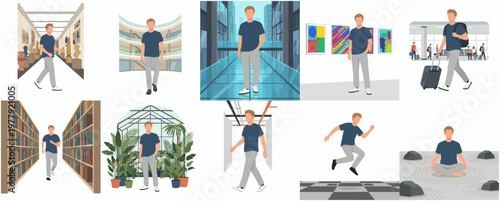 Flat Style Illustration Man in Various Indoor Settings and Activities