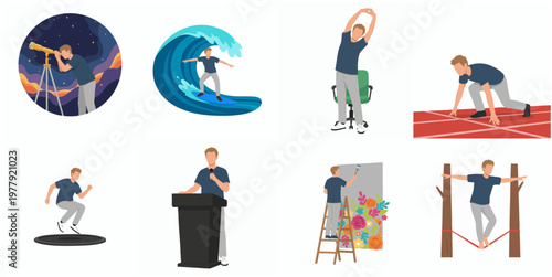 Flat Design Man Character Diverse Activity Set Simple Illustration