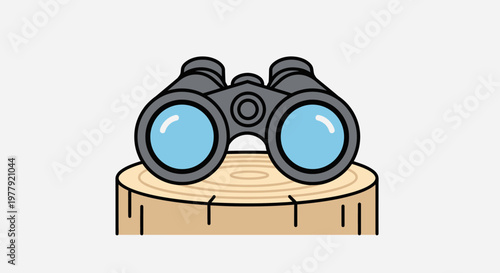 Binoculars Illustration on Wooden Stump for Nature Exploration and Outdoor Adventure Concept