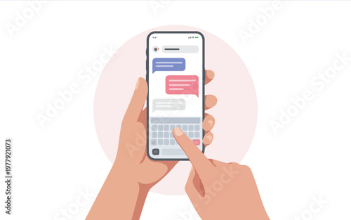 Hands holding a smartphone with a messaging app open and keyboard displayed