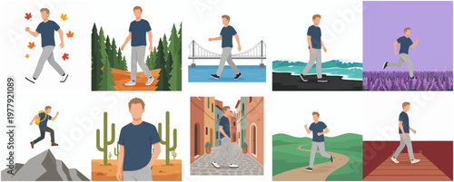 Diverse Flat Illustration Set Man Character in Varied Outdoor Locations