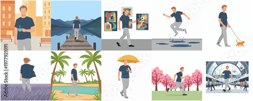 Flat Illustration of Man in Different Scenery and Activities Lifestyle Concept