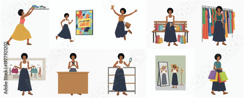 Flat Graphic Style Various Pose Woman Shopping at Store and Boutique