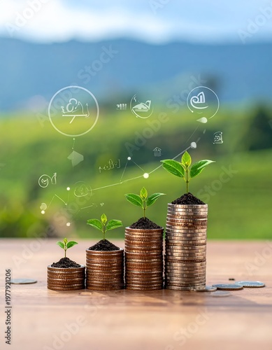 Growing Plants on Stacks of Coins with Digital Icons Representing Business Growth and Environmental Sustainability.