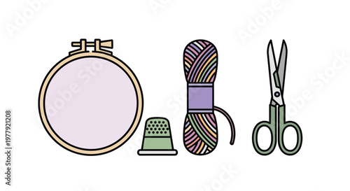 Colorful illustration of sewing tools including hoop thimble yarn and scissors, Generative AI.