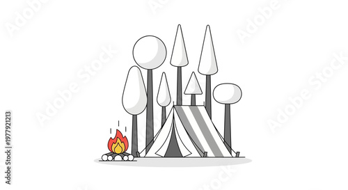 Modern Flat Design Illustration of a Minimalist Campsite with a Striped Tent, Stylized Forest Trees, and a Warm Campfire Isolated on White Background