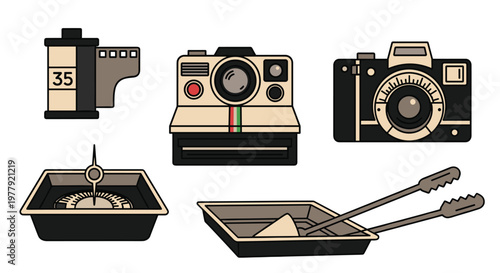 A set of vintage camera and photography equipment icons including a film roll polaroid camera digital camera film developer tray and tongs, Generative AI.