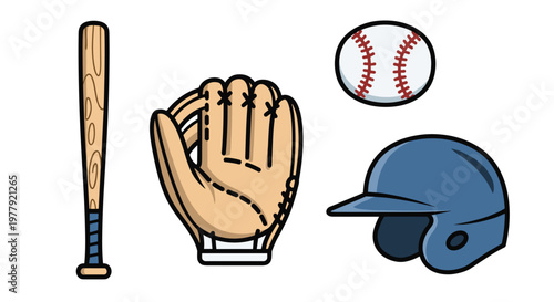 Cartoon illustration of baseball equipment including a bat glove ball and helmet, Generative AI.