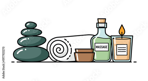 A serene spa setup with stacked green stones a rolled towel massage oil and a lit candle on a white surface for relaxation and wellness treatments, Generative AI.