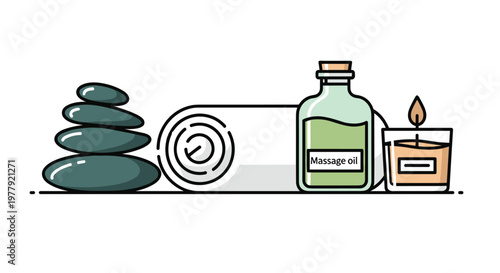 Vector illustration of spa items including stones towel massage oil and candle on for wellness and relaxation concepts, Generative AI.