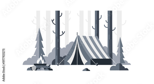 Minimalist Flat Vector Illustration of a Tent in a Forest with Campfire. Outdoor Adventure and Camping Lifestyle Concept in Grayscale.