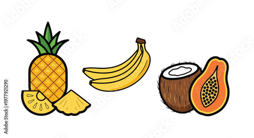 A colorful illustration of a pineapple with a slice a bunch of bananas and a coconut with a papaya, Generative AI.