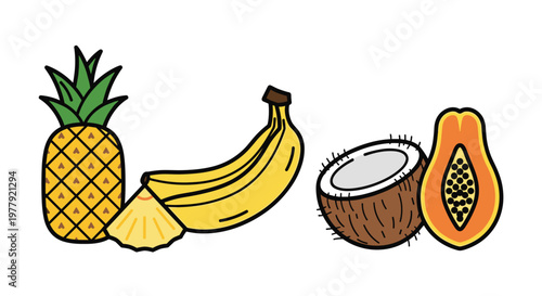 Colorful illustration of pineapple banana coconut and papaya fruits, Generative AI.