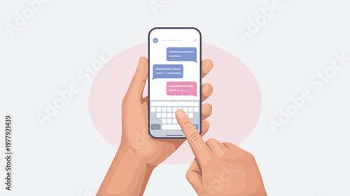 Hands typing on a virtual keyboard on a smartphone messaging app