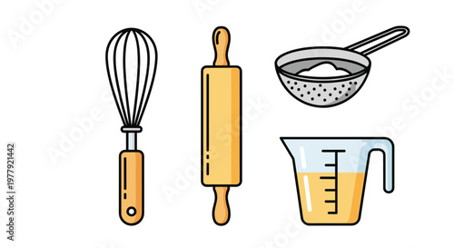 Vector illustration of kitchen utensils including a whisk rolling pin strainer and measuring cup, Generative AI.