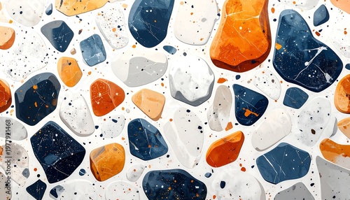 Stylish Terrazzo Pattern with Blue, Orange, and White Stone Fragments