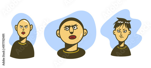 Angry Cartoon Character Set - Three stern yellow-skinned cartoon faces with different hairstyles and intense expressions, perfect for emotion, avatar, and illustration