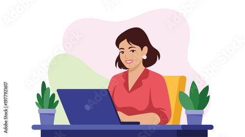 Happy smiling woman works productively on her laptop computer at a neat desk