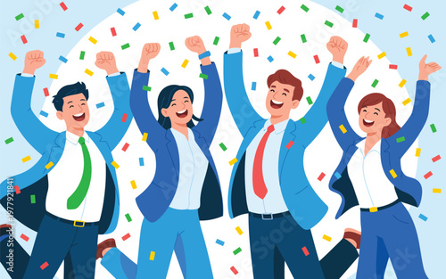 Joyful diverse team of business professionals celebrates a major success with colorful confetti falling