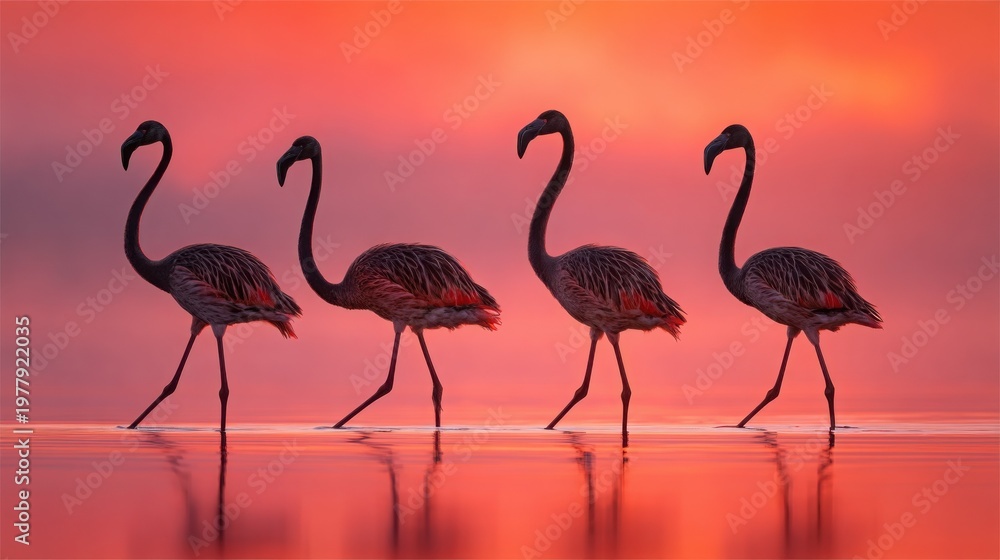 Fototapeta premium Four graceful flamingoes with long necks and legs walking in shallow pink-hued water at sunset