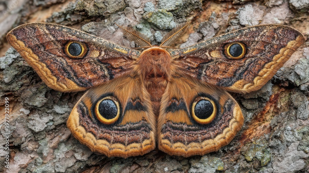 Obraz premium Majestic Moth with Eye-Like Markings Resting on Textured Tree Bark