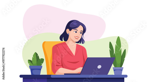 Motivated young woman successfully completes her tasks using a laptop at a productive workstation