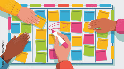 Multiple hands collaborate placing colorful sticky notes on a white board with one hand circling a note