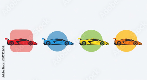 Four colorful sports cars in a row on a white background.