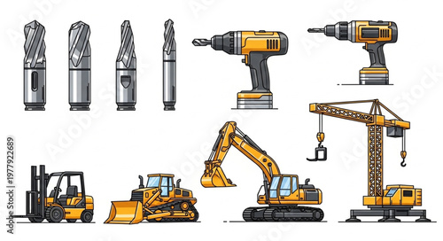 Collection of construction and industrial tools and machinery.