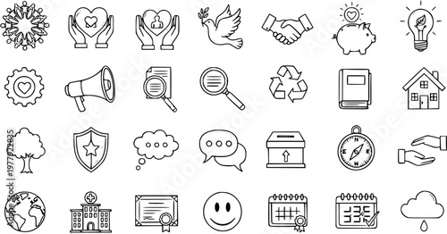 Charity and Donation Icons: Line Art Illustration of Giving, Peace, and Support for Social Good