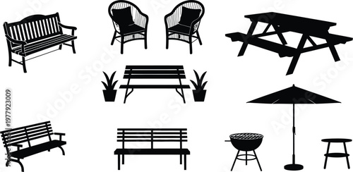 Cartoon garden benches vector set with picnic tables and wicker outdoor furniture in playful style suitable for park scenes backyard design and illustration