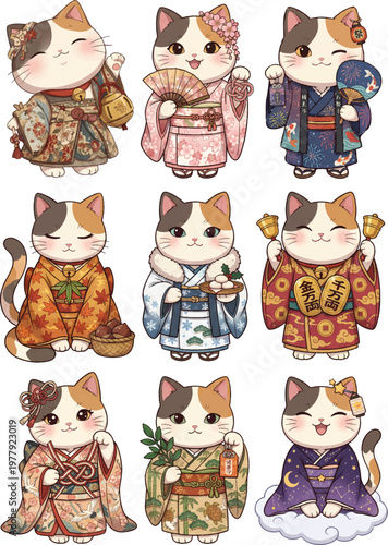 Kawaii Maneki Neko Sticker Set Japanese Lucky Cat Kimono Collection Clipart