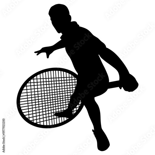 Solid black silhouette of a tennis player in a dynamic action pose, holding a racket and ready for a powerful swing. Clean vector illustration of a male athlete during a competitive sports match.
